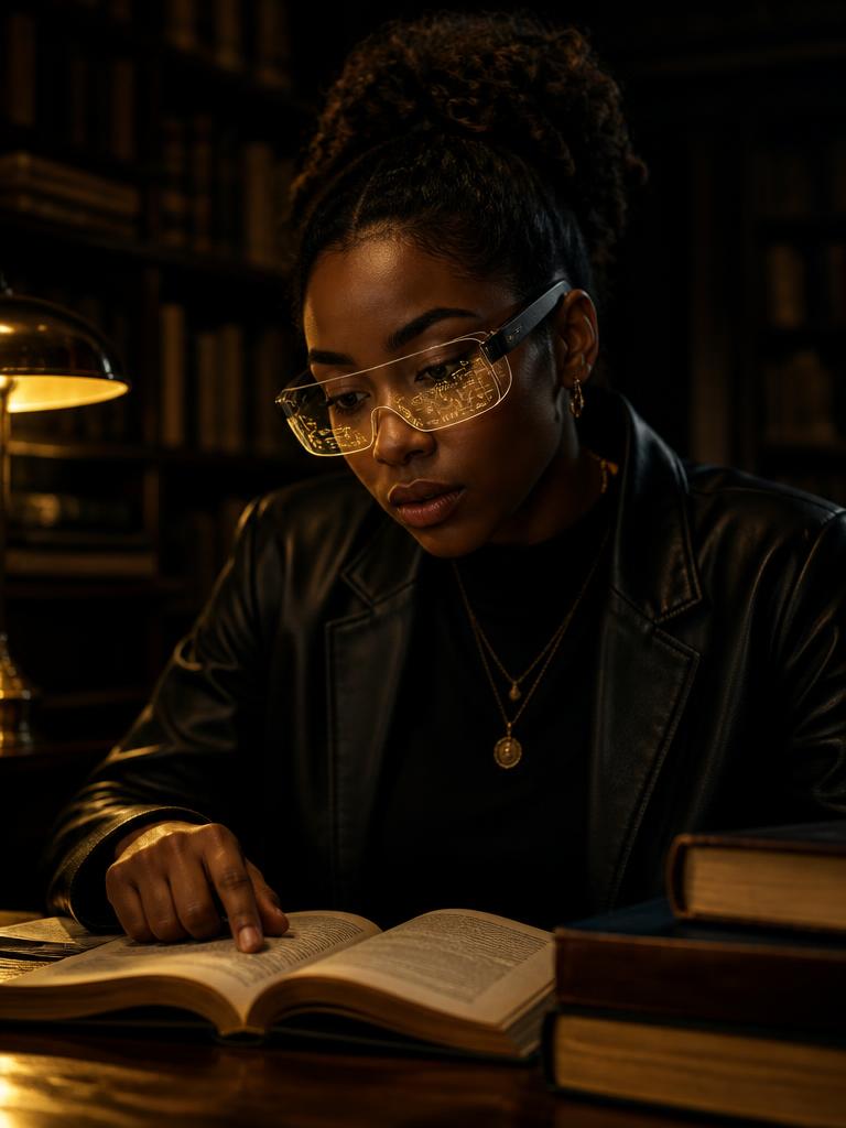 Student studying with AR glasses in a warmly lit library